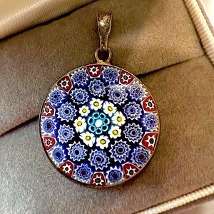 Vintage Millefiori Colorful Flowers 925 Italy Pendant Genuine Millefiori Glass